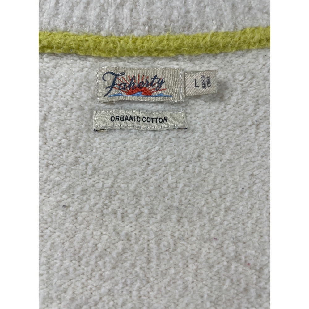 Faherty V Neck Fuzzy Knit Sweater White Neon Green Stripe Accent Size L - Picture 6 of 7
